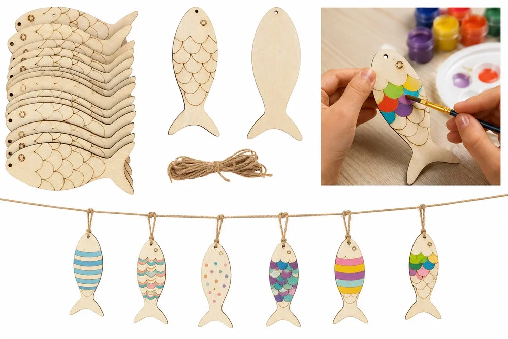 30 Pack Unfinished Wooden Fish Cutouts – 4 Inch DIY Craft Ornaments with Twine